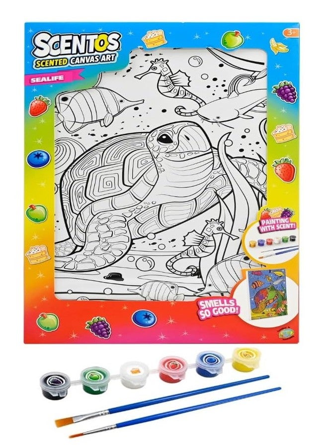 Scentos Canvas Paint Creations Sealife by Fratelli | Pre-Printed Sea Life Theme Canvas Picture, 6 Deliciously Fruity-Scented Paint pots and 2 Brushes - Image 1